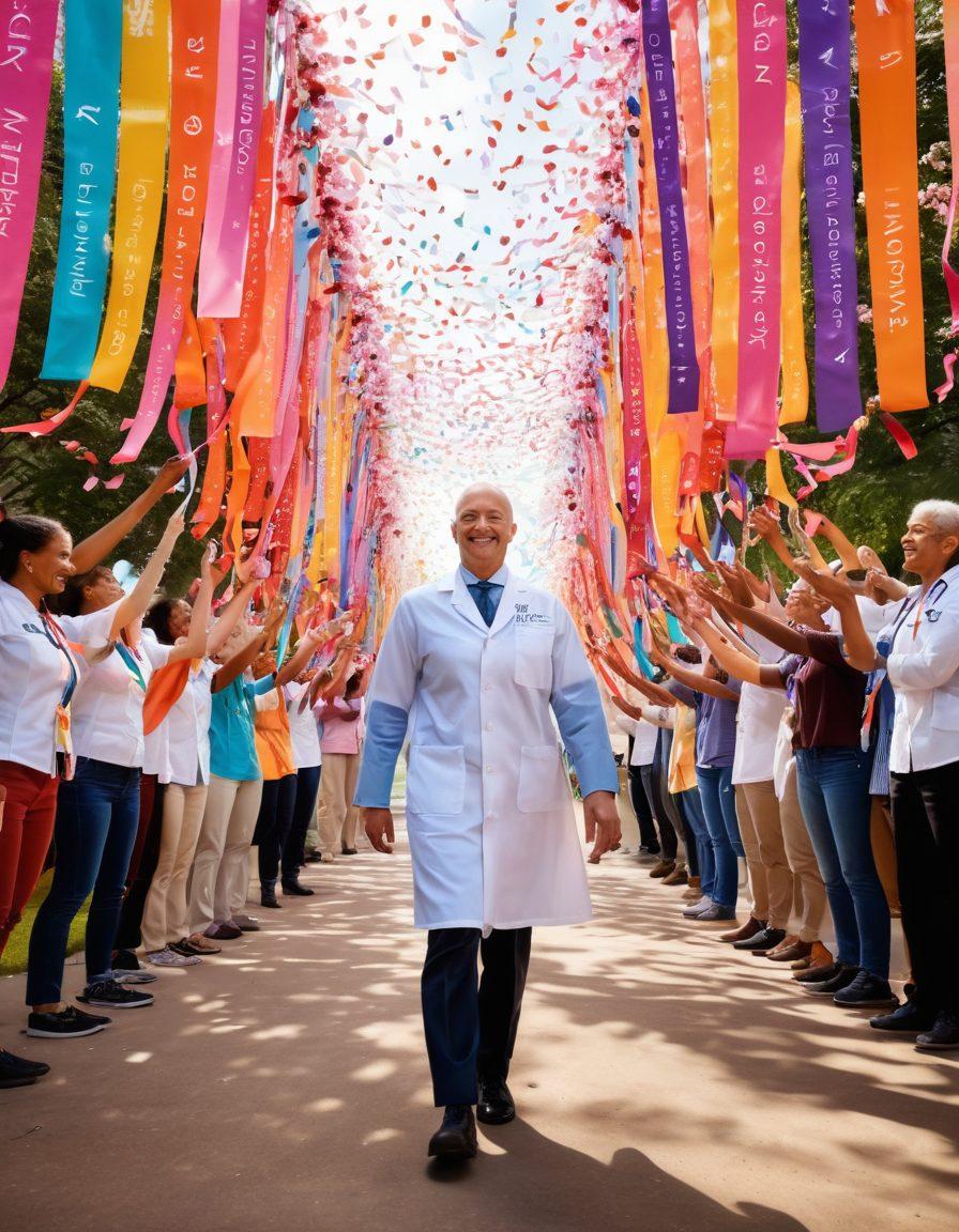 A radiant community of diverse cancer survivors celebrating life, surrounded by colorful ribbons symbolizing various types of cancer. Bright banners with the words 'Hope' and 'Empowerment' flutter in the background amidst blooming flowers. Doctors and researchers engage with the survivors, showcasing cutting-edge technology and research papers. The scene is filled with light, energy, and optimism, reflecting a sense of resilience and strength. vibrant colors. super-realistic.