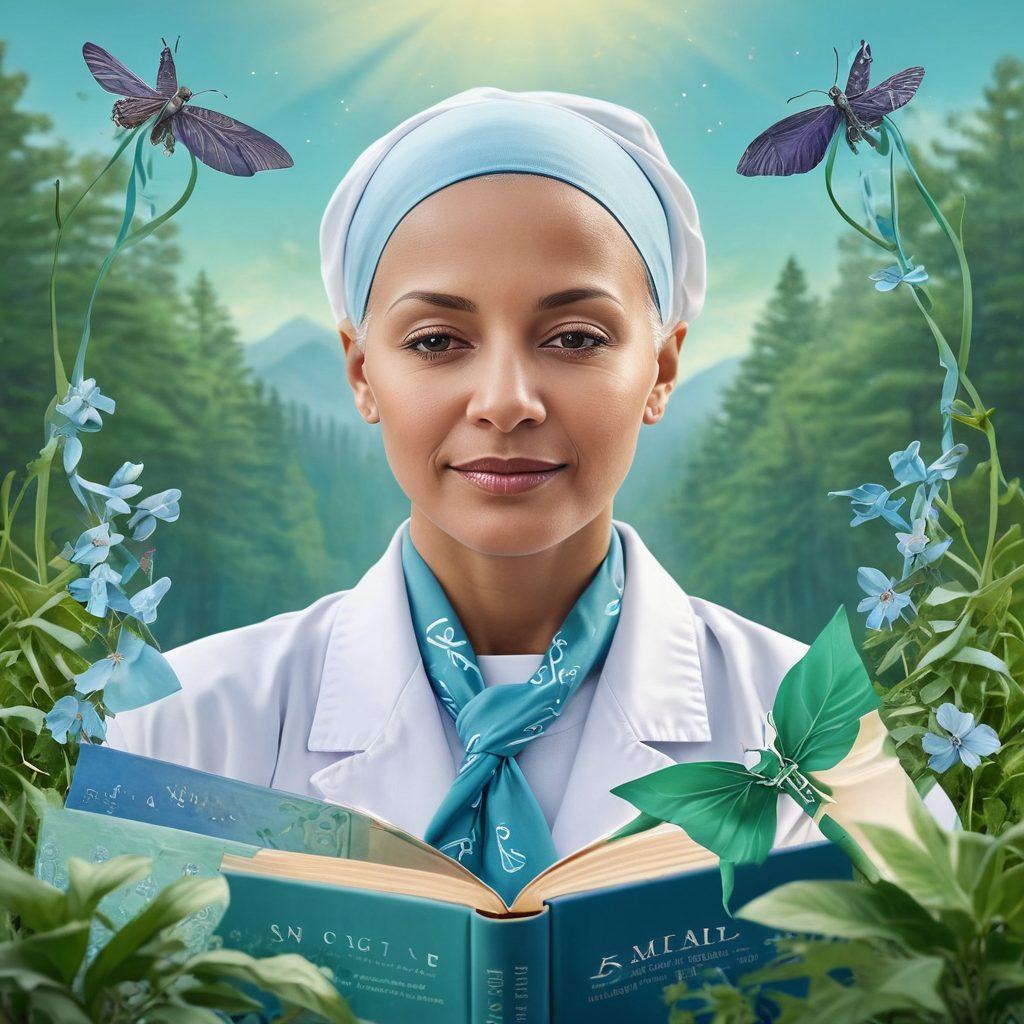 A collage of diverse cancer survivors embracing life, surrounded by symbols of hope like ribbons and medical research books. Include calming colors like soft blues and greens to evoke serenity, with a backdrop of a healing nature scene. The individuals should represent different ages and backgrounds, showing strength and resilience. super-realistic. soft colors. nature backdrop.