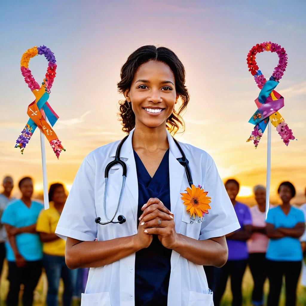 A strong individual standing tall, surrounded by vibrant, supportive community members, each holding symbols of hope like ribbons and flowers, set against a backdrop of a bright sunrise symbolizing new beginnings. Incorporate elements representing oncology such as a stethoscope and cancer awareness ribbons. The scene should radiate warmth, resilience, and empowerment. super-realistic. vibrant colors. white background.